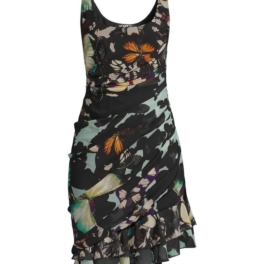 Emanuel Ungaro Black and Orange Butterfly Mini Dress, 100% Silk.